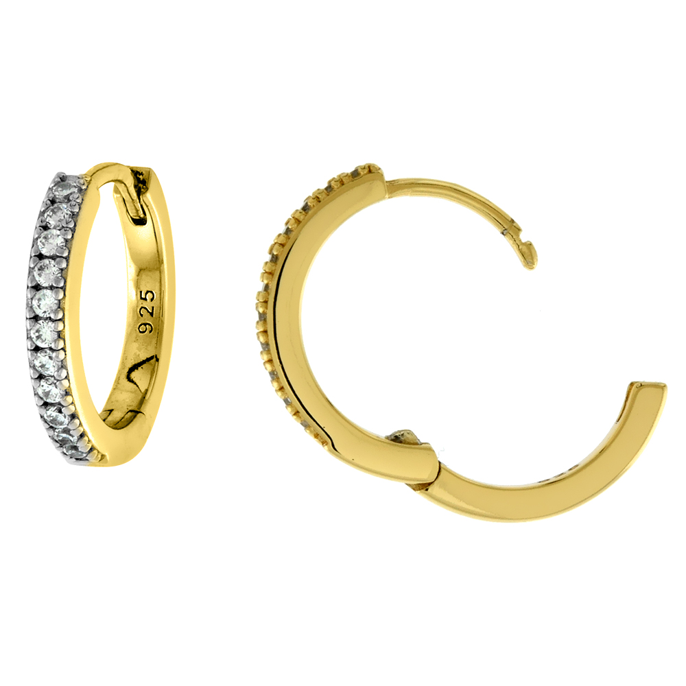 3/8 inch Gold Plated Sterling Silver Pave CZ 15mm Huggie Hinged Hoop Earrings for Women and Men 2mm thin