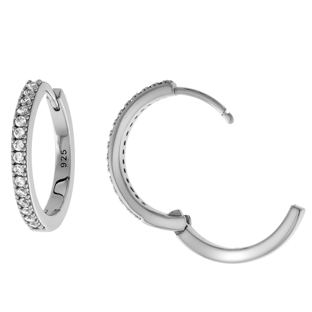 3/4 inch Rhodium Plated Sterling Silver Pave CZ 18mm Huggie Hinged Hoop Earrings for Women and Men 2mm thin