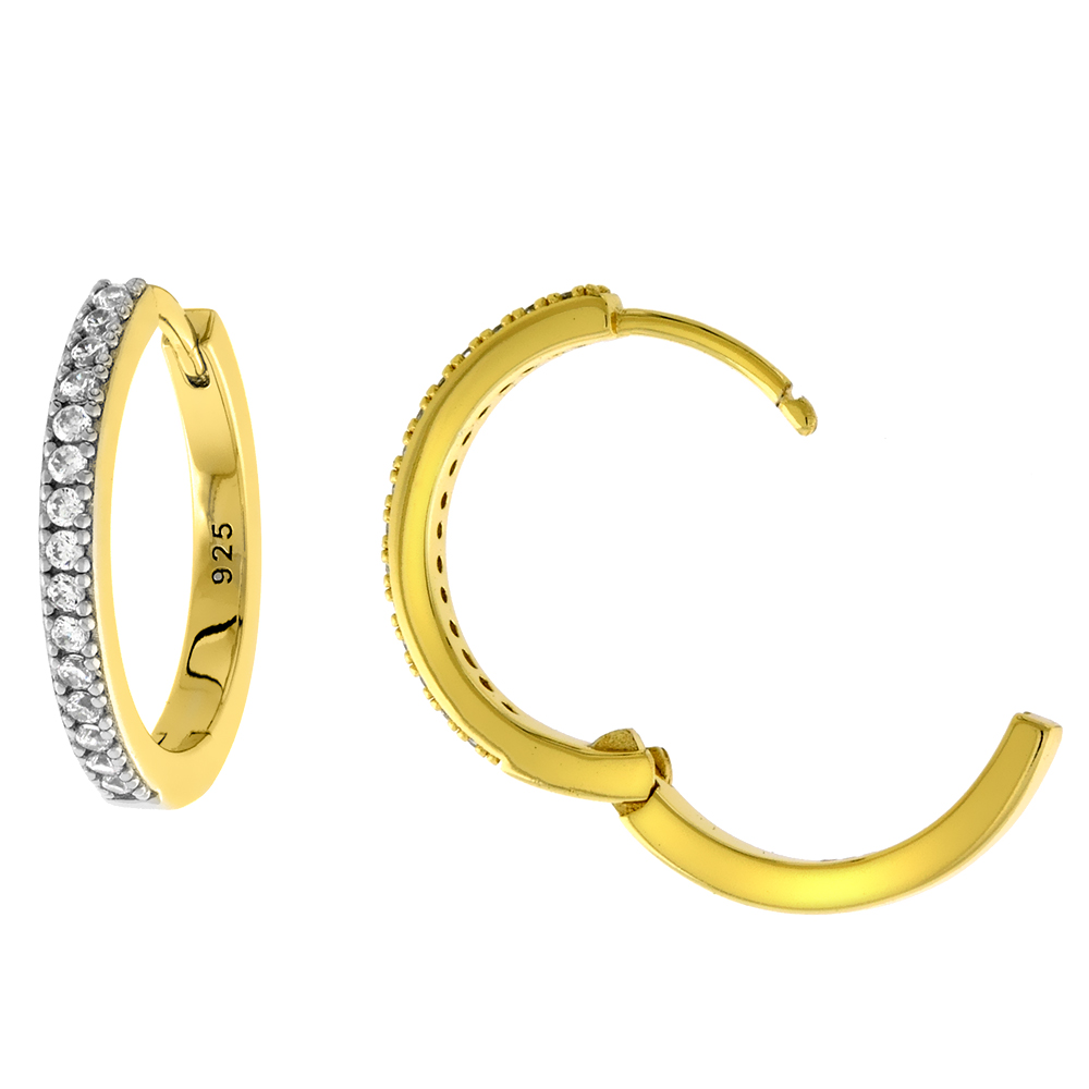 3/4 inch Gold Plated Sterling Silver Pave CZ 18mm Huggie Hinged Hoop Earrings for Women and Men 2mm thin
