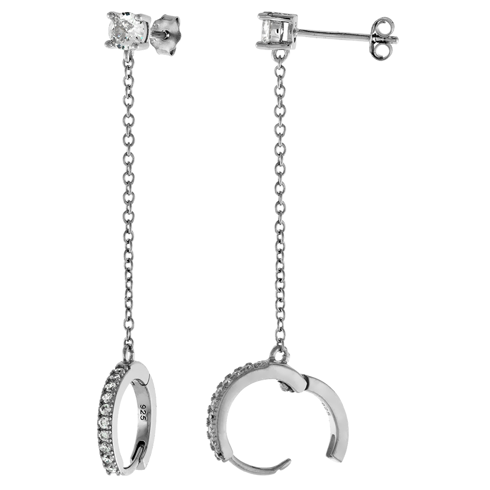 Rhodium Plated Sterling Silver CZ Double Piercing Stud Chain Hoop Earrings for Women 1/2 inch Round