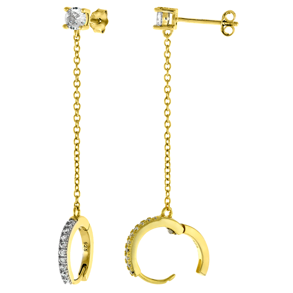 Gold Plated Sterling Silver CZ Double Piercing Stud Chain Hoop Earrings for Women 1/2 inch Round