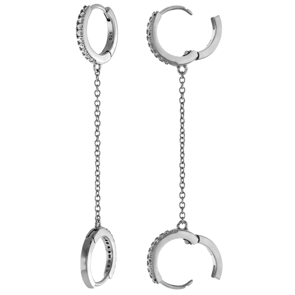 Rhodium Plated Sterling Silver CZ Double Piercing Dangle Chain Huggie Hoop Earrings for Women 1/2 inch Round