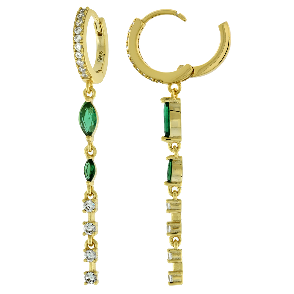 1.75 inch Gold Plated Sterling Silver Emerald Green Marquise CZ Dangle Huggie Hinged Hoop Earrings for Women 13mm round