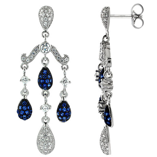 Sterling Silver 3-Strand CZ Earrings Micro Pave Girandole Blue Sapphire &amp; White Stones, 1 1/2 inch long
