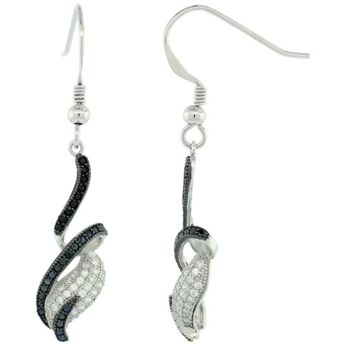 Sterling Silver Micro Pave Spiral Drop Leaf Hook Earring w/ Black &amp; White Stones