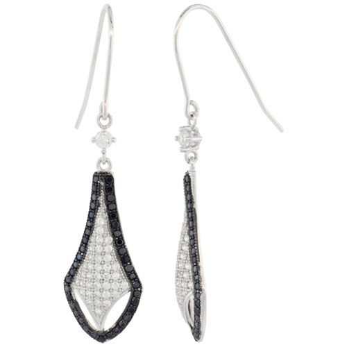 Sterling Silver Micro Pave Tear Shape Hook Earring w/ White &amp; Outlined in Black Stones