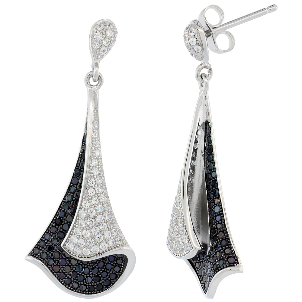 Sterling Silver Micro Pave Cubic Zirconia Leaf Shape Earring Black & White Stones