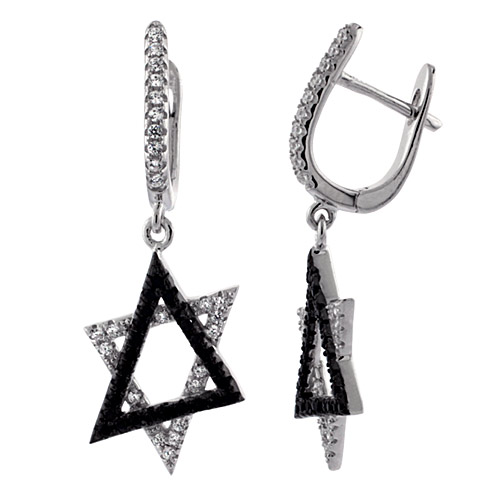Sterling Silver Star of David CZ Earrings Micro Pave Black & White Stones, 1 3/16 inch long