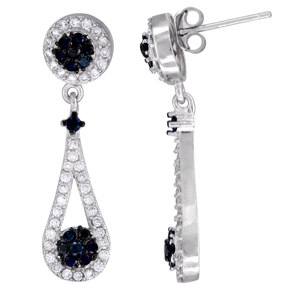 Sterling Silver Open Pear Shape CZ Earrings Micro Pave Black & White stones, 5/8 inch long
