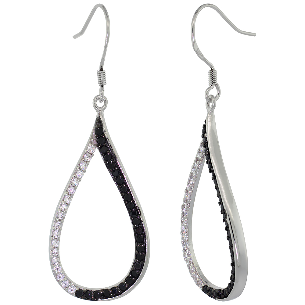 Sterling Silver Large Pear Shape CZ Earrings Micro Pave Black & White stones, 1 3/8 inch long