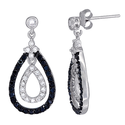 Sterling Silver Dual Pear Shape CZ Earrings Micro Pave Black &amp; White Stones, 15/16 inch long