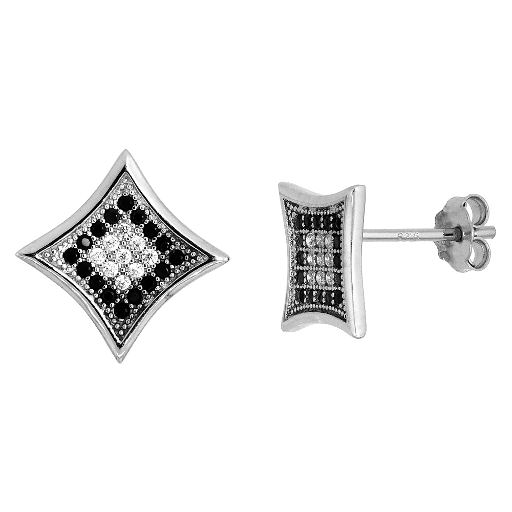 Sterling Silver Micro Pave CZ Black and White Square Stud Earrings, 17/32 inch wide