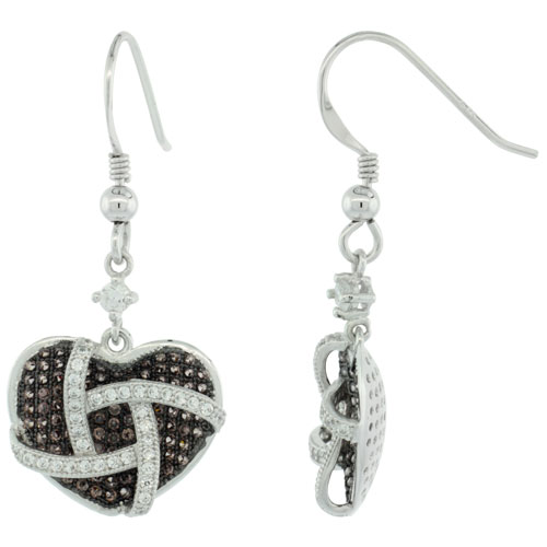 Sterling Silver Micro Pave Caged Heart Dangling Hook Earring w/ White &amp; Brown Stones