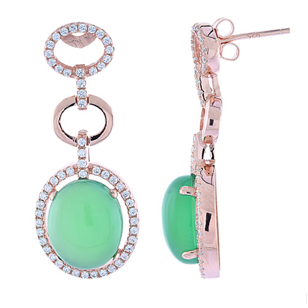 Sterling Silver Micro Pave CZ Dangling Earrings with Oval Green Serpentine Rose Gold Finish, 1 15/32 inch long