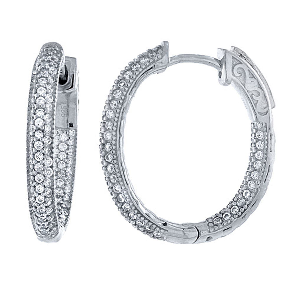 Sterling Silver Micro Pave CZ Inside-Out Hoop Earrings Oval in Rhodium, Yellow &amp; Rose Gold Finishes, 13/16 inch wide