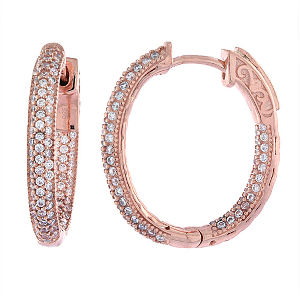 Sterling Silver Micro Pave CZ Inside-Out Hoop Earrings Oval Rose Gold Finish