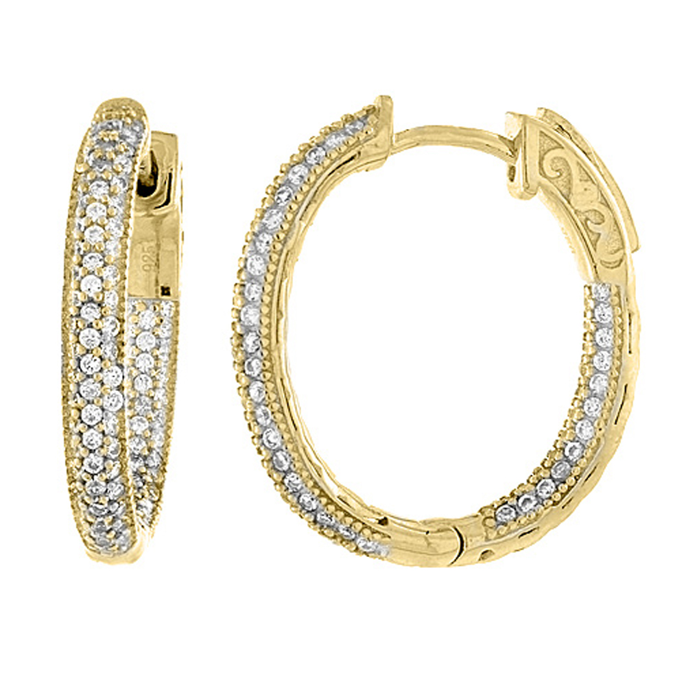 Sterling Silver Micro Pave CZ Inside-Out Hoop Earrings Oval Yellow Gold Finish