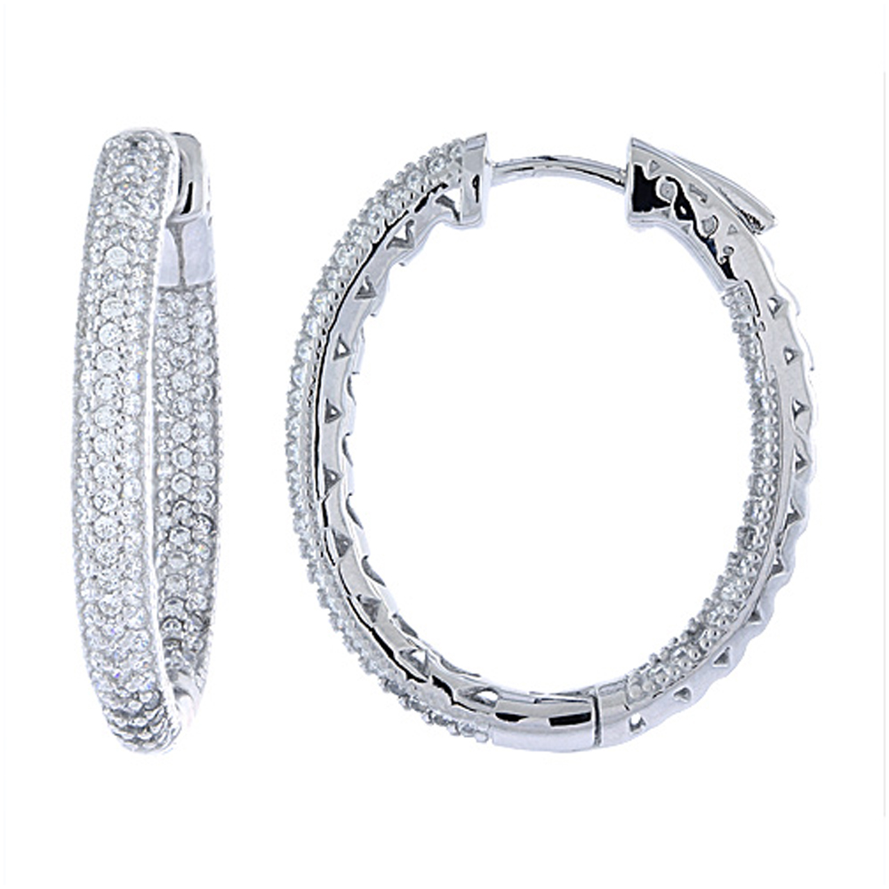Sterling Silver Micro Pave CZ Inside-Out Hoop Earrings Oval Rhodium Finish