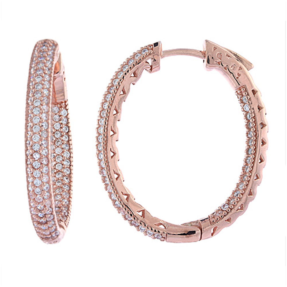 Sterling Silver Micro Pave CZ Inside-Out Hoop Earrings Oval Rose Gold Finish