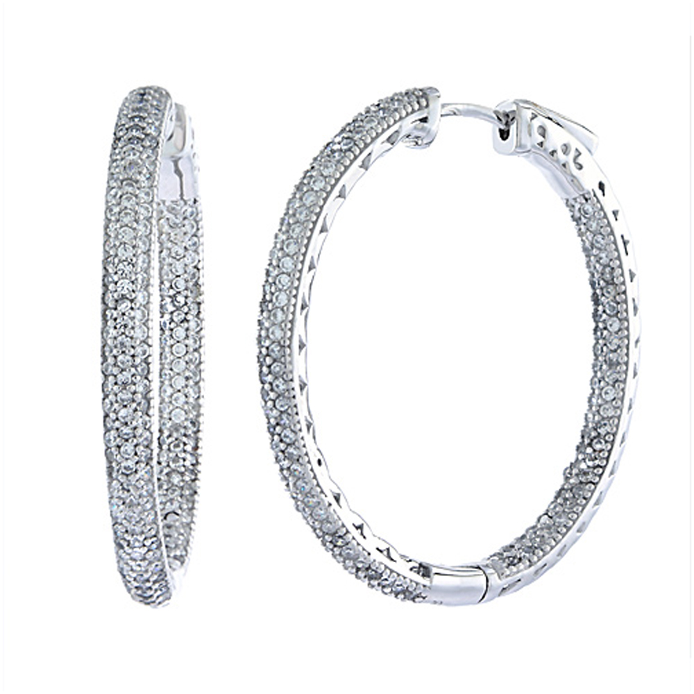Sterling Silver Micro Pave CZ Inside-Out Hoop Earrings Oval in Rhodium, Yellow &amp; Rose Gold Finishes, 1 3/16 inch wide