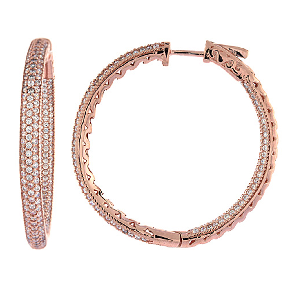 Sterling Silver Micro Pave CZ Inside-Out Hoop Earrings Round Rose Gold Finish