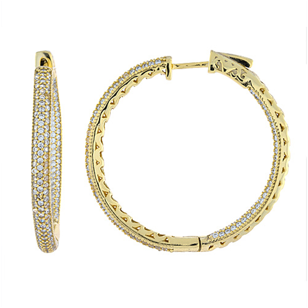 Sterling Silver Micro Pave CZ Inside-Out Hoop Earrings Round Yellow Gold Finish
