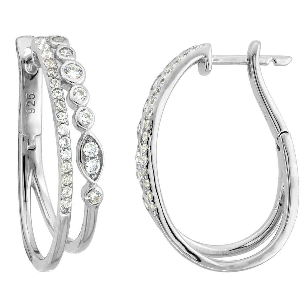 Sterling Silver Cubic Zirconia Hoop Earrings 2-row Bezel and Prongs setting Rhodium Finish 1 1/16 inch long