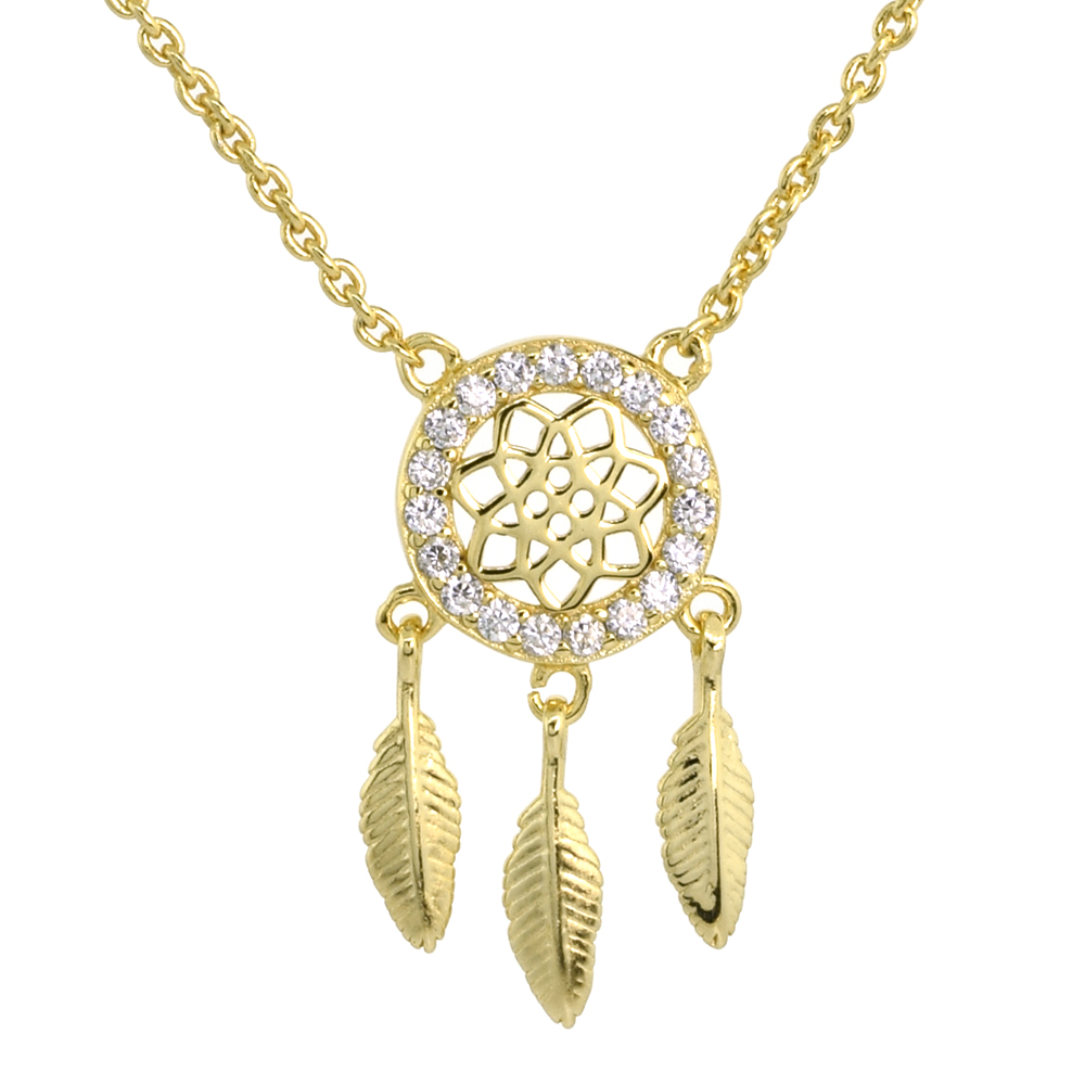 Dainty Sterling Silver Dream Catcher Necklace White CZ Micropave Gold Plated 7/8 inch (21mm) tall