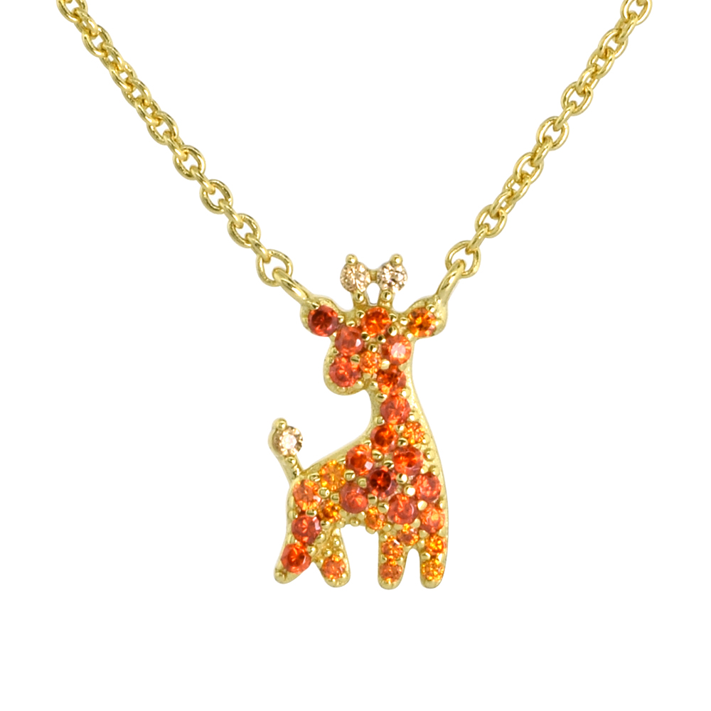 Dainty Sterling Silver Giraffe Necklace Orange CZ Micropave Gold Plated 1/2 inch (14mm) tall
