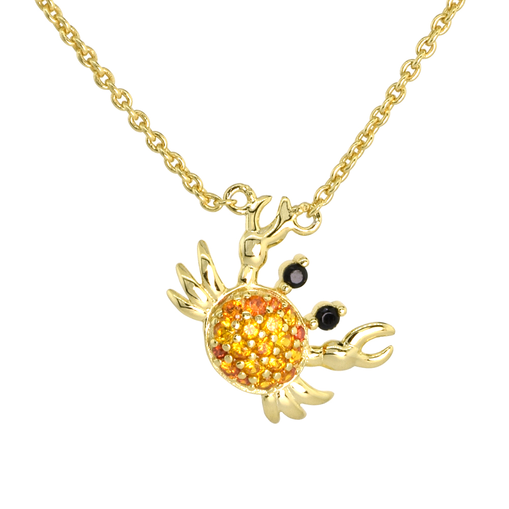 Dainty Sterling Silver Cancer Crab Necklace Orange CZ Micropave Gold Plated 5/8 inch (17mm) tall