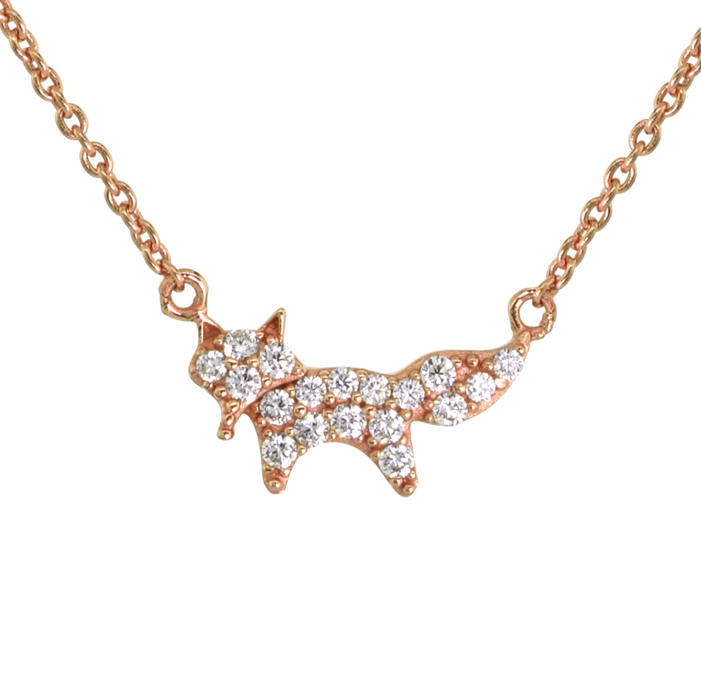 Dainty Sterling Silver Fox Necklace White CZ Micropave Rose Gold Plated 5/8 inch (15mm) wide