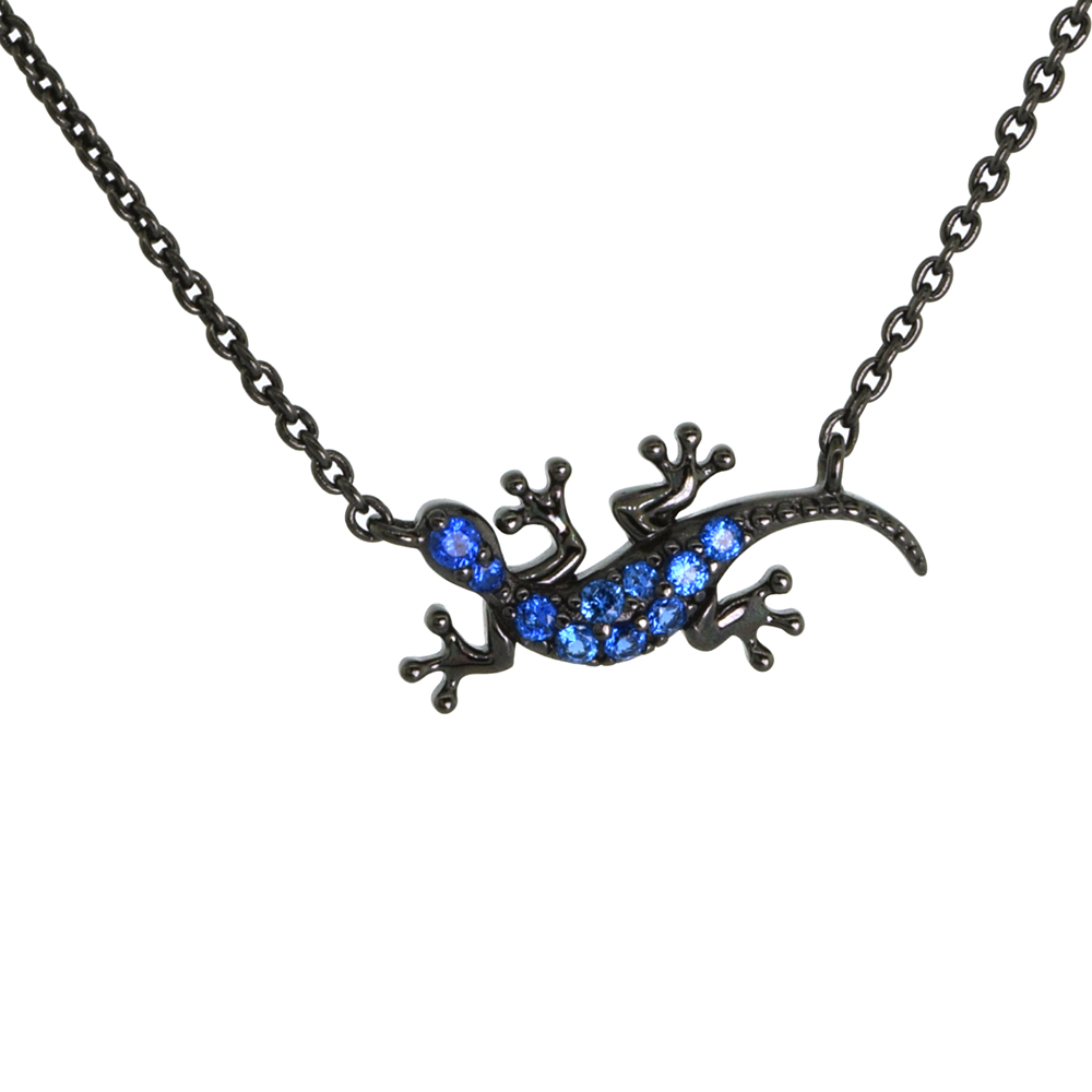 Dainty Sterling Silver Gecko Necklace Blue CZ Micropave Black Rhhodium Plated 3/4 inch (18mm) wide