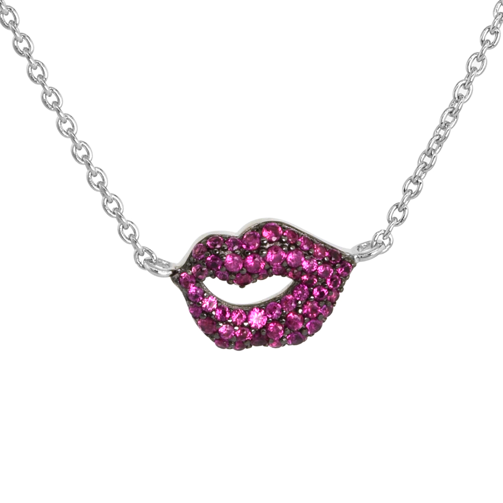 Dainty Sterling Silver Purple Lips Necklace Violet CZ Micropave Rhodium Plated 3/8 inch (11mm) wide