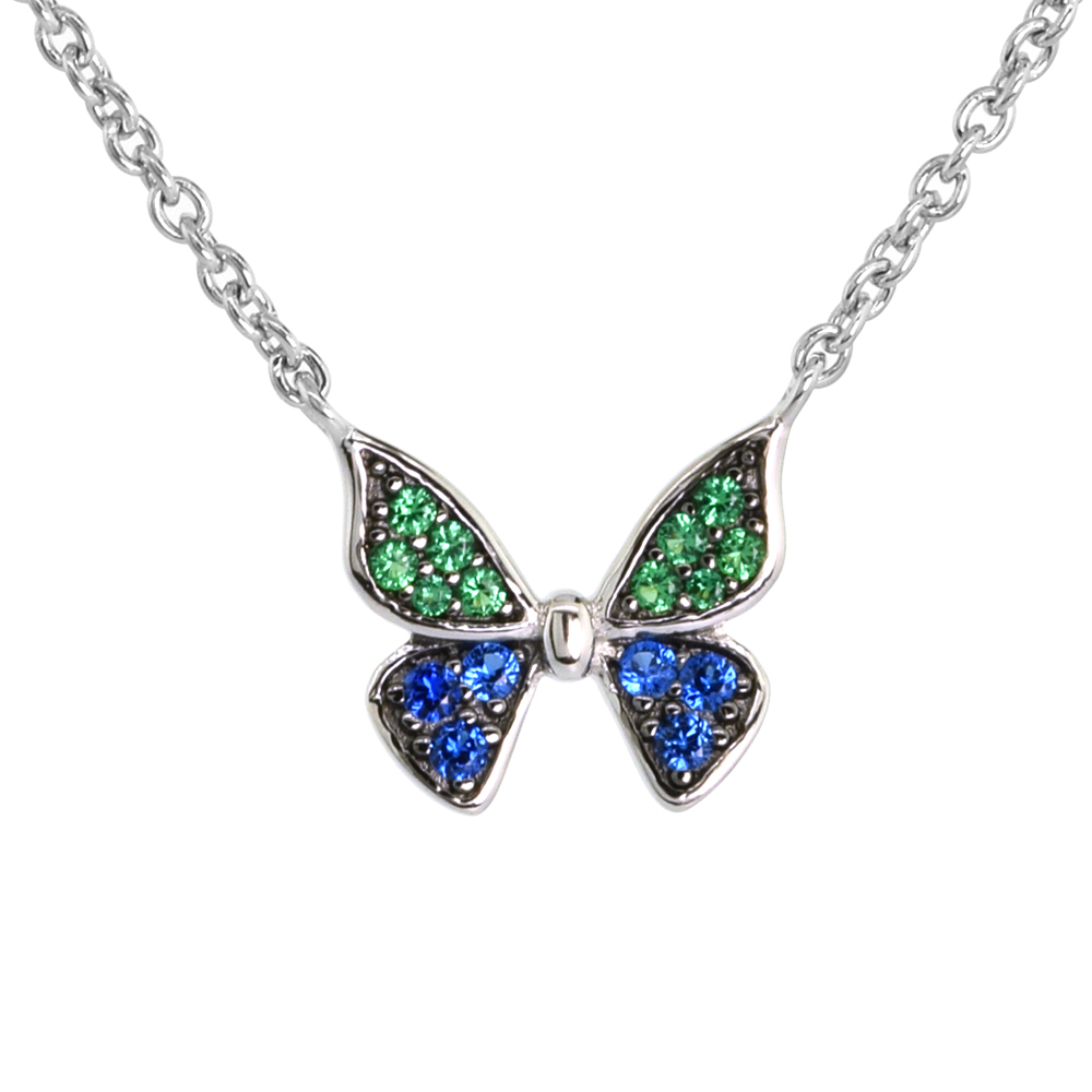 Dainty Sterling Silver Butterfly Necklace Green and Blue CZ Micropave Rhodium Plated 1/2 inch (12mm) wide