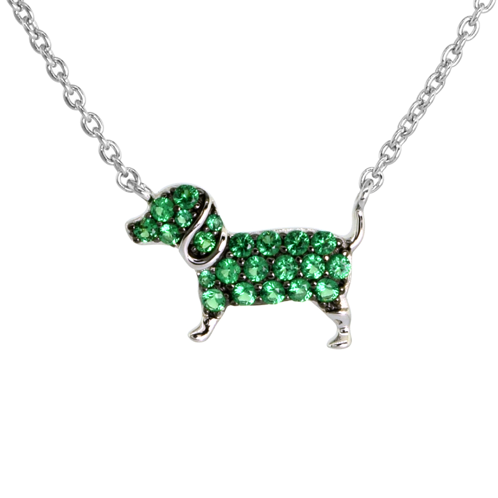 Dainty Sterling Silver Dog Necklace Green CZ Micropave Rhodium Plated 1/2 inch (14mm) wide