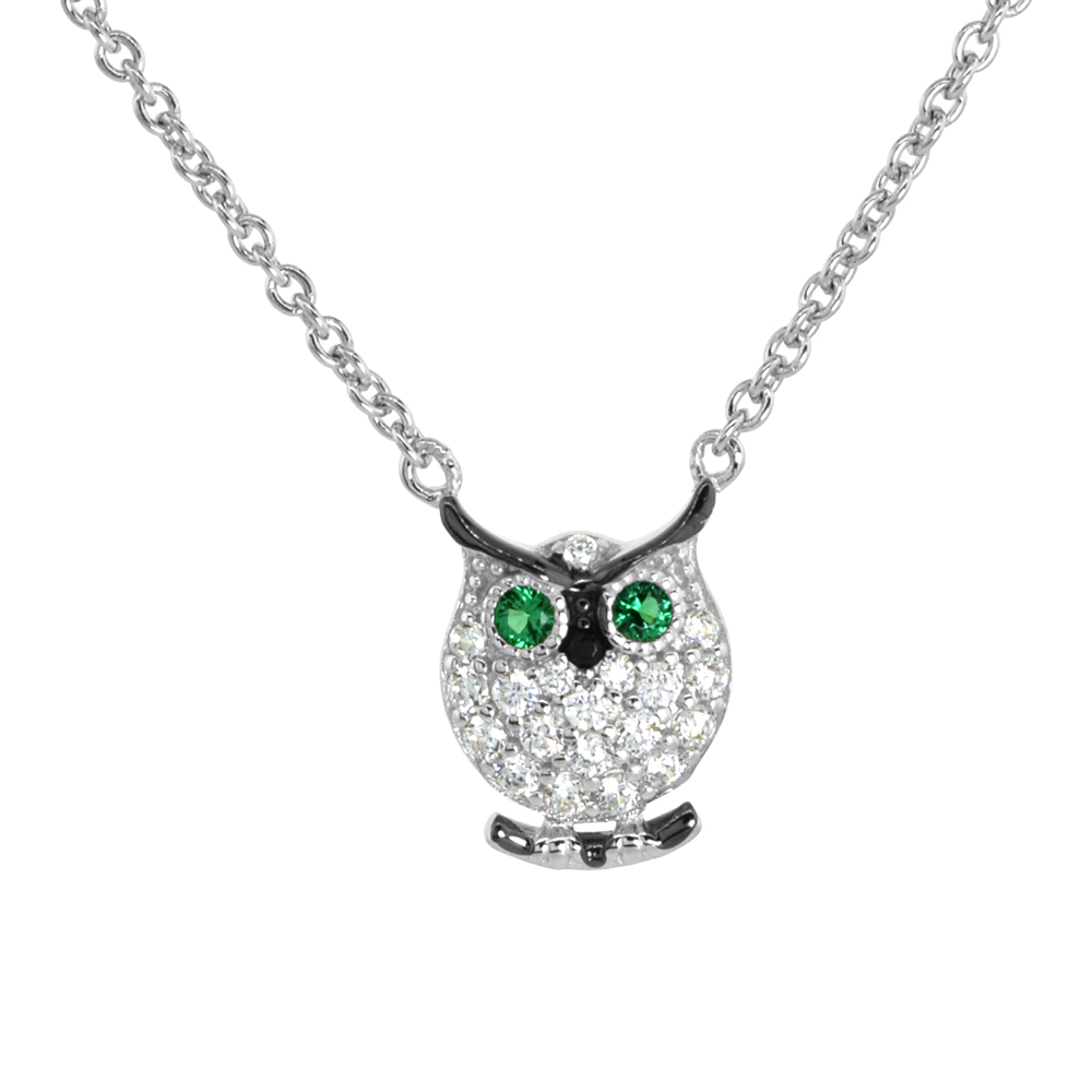 Dainty Sterling Silver Owl Necklace Green and White CZ Micropave Rhodium Plated 3/8 inch (11mm) tall
