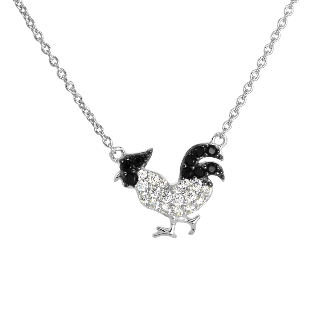 Dainty Sterling Silver Rooster Necklace Black and White CZ Micropave Rhodium Plated 1/2 inch (14mm) wide