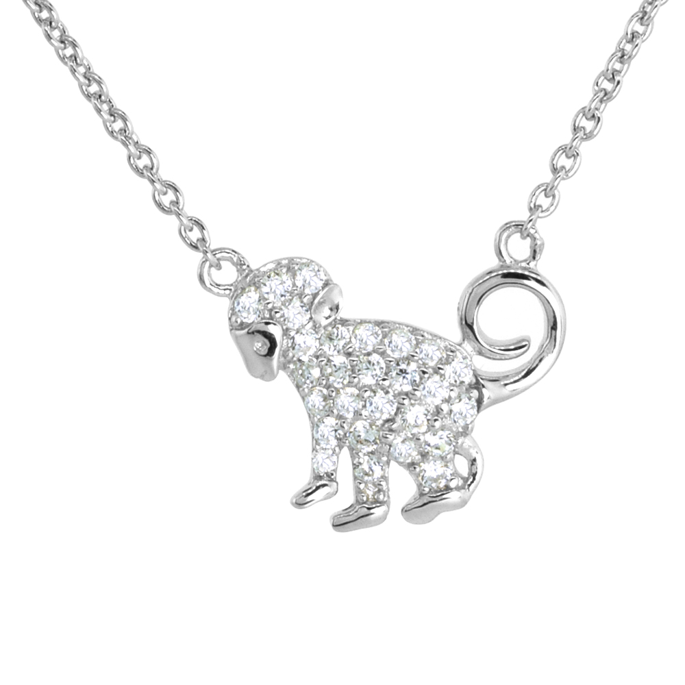 Dainty Sterling Silver Monkey Necklace White CZ Micropave Rhodium Plated 1/2 inch (13mm) tall ?
