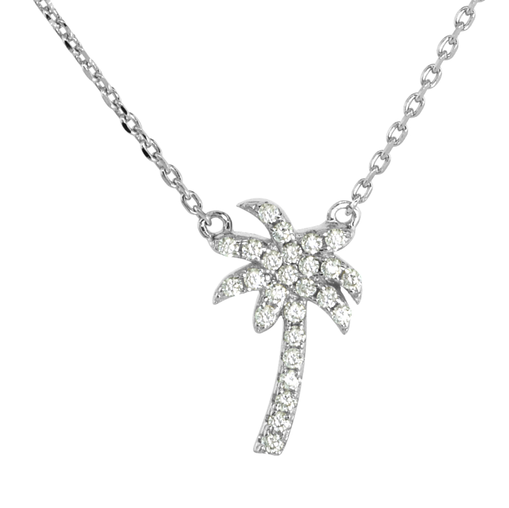 Dainty Sterling Silver Palm Tree Necklace White CZ Micropave Rhodium Plated 1/2 inch (14mm) tall