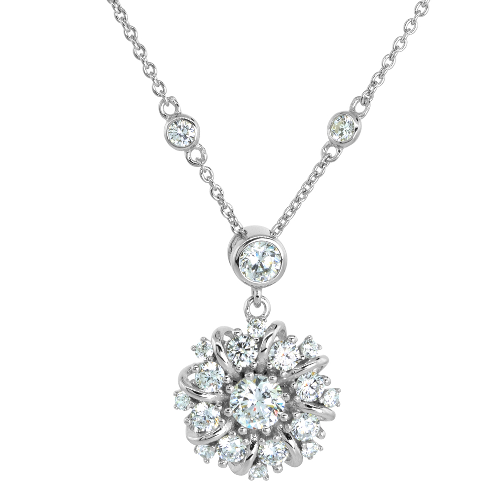 Dainty Sterling Silver CZ Round Cluster Necklace for Women Rhodium Plated 5/8 inch (15mm) wide
