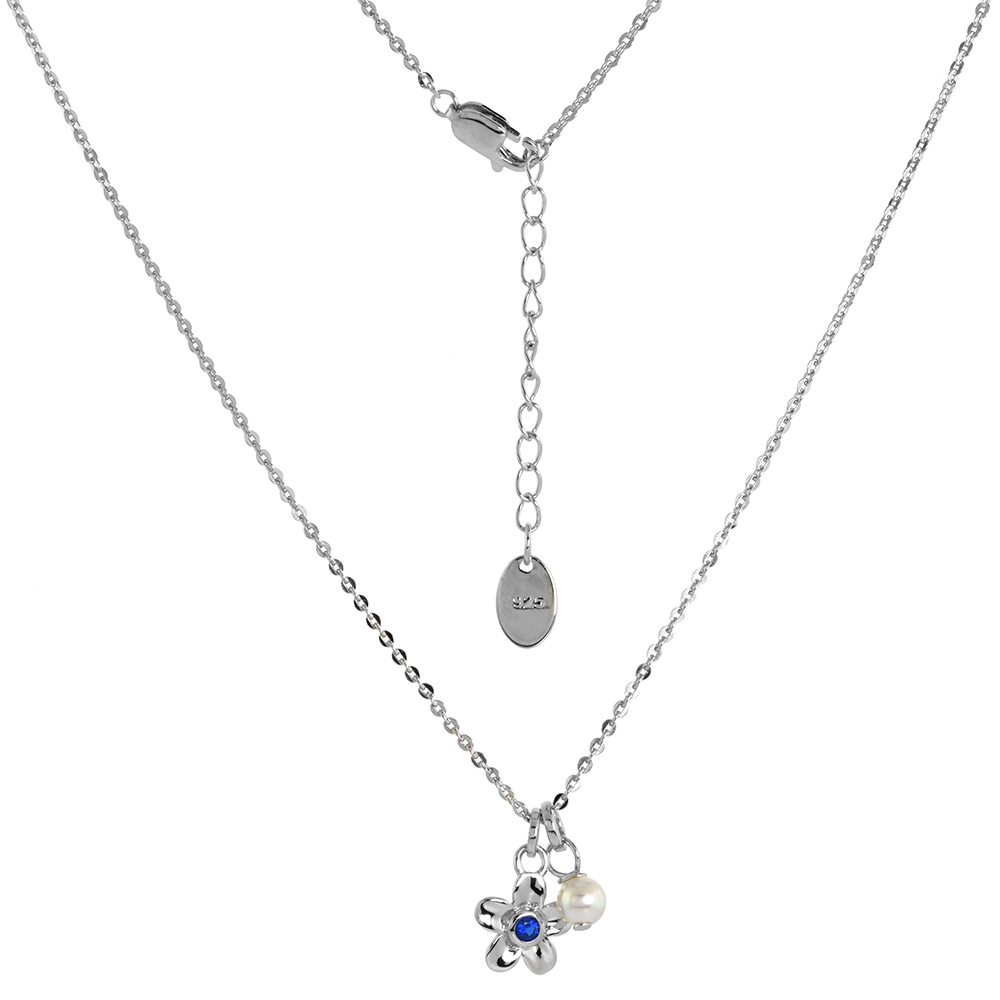 Dainty Sterling Silver 5 Petal Flower Necklace Blue CZ and Faux Pearl Rhodium Finish 16 -17 inch