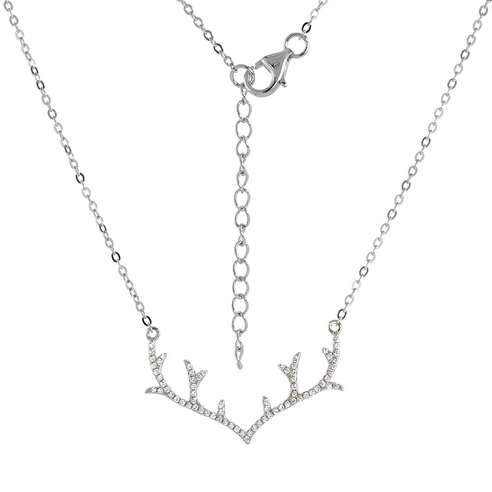 Sterling Silver Cubic Zirconia Deer Antler Necklace Micro pave CZ Rhodium Finish 15 - 17 inch