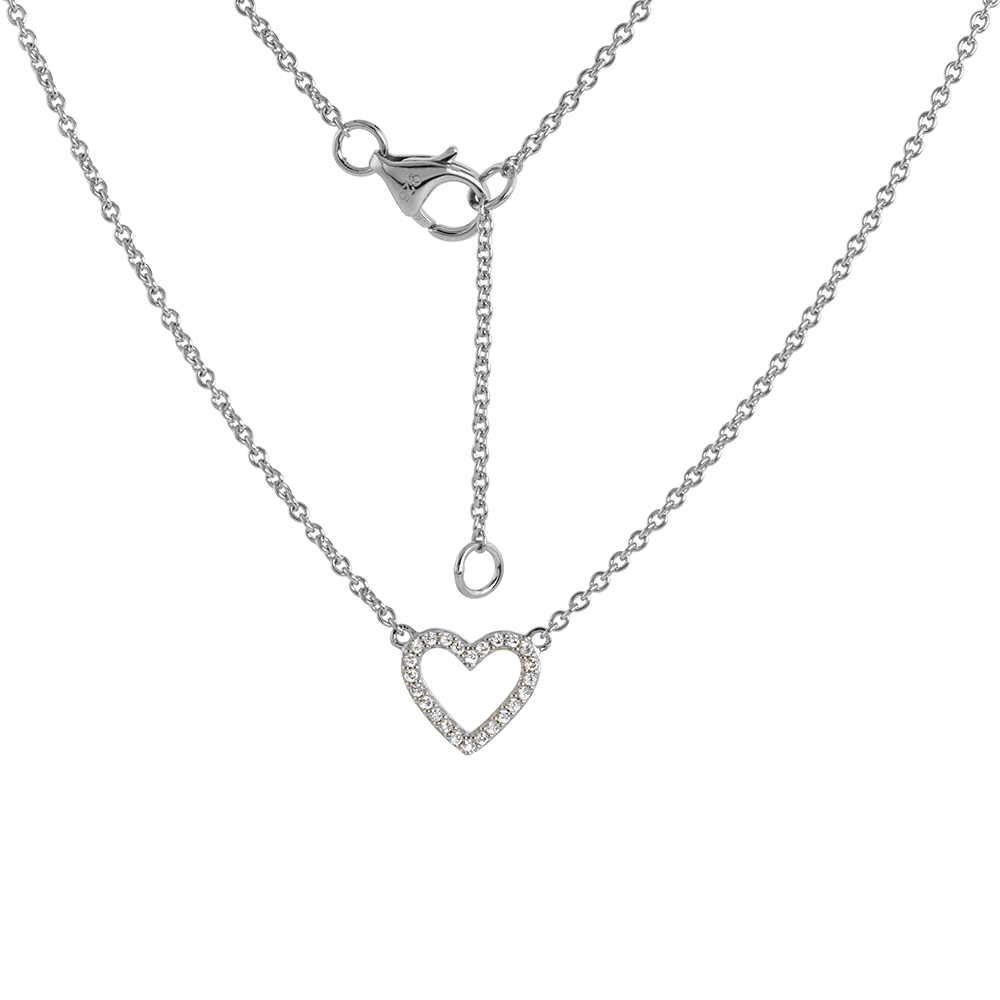 Sterling Silver Cubic Zirconia Open Heart Necklace Micro pave CZ Rhodium Plated 16 - 17 inch