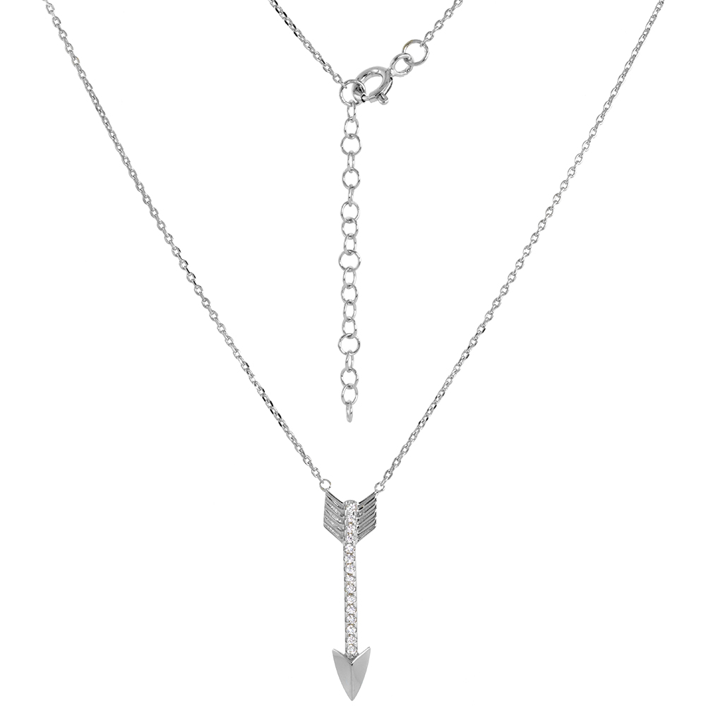 Sterling Silver Pointing Down Arrow Necklace Peace Symbol Micro pave CZ Rhodium Finish 16 - 17.5 inch