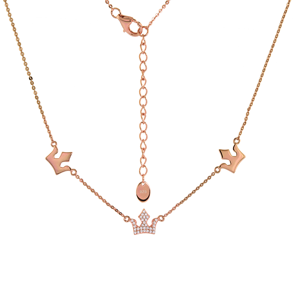 Rose Gold Plated Sterling Silver CZ Trident Crown Choker Necklace Micro pave 14 - 16 inch