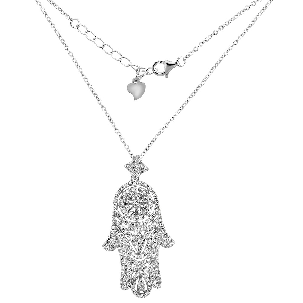 Sterling Silver Micro Pave Cubic Zirconia HAMSA Hand Necklace, 1 5/16 inch wide