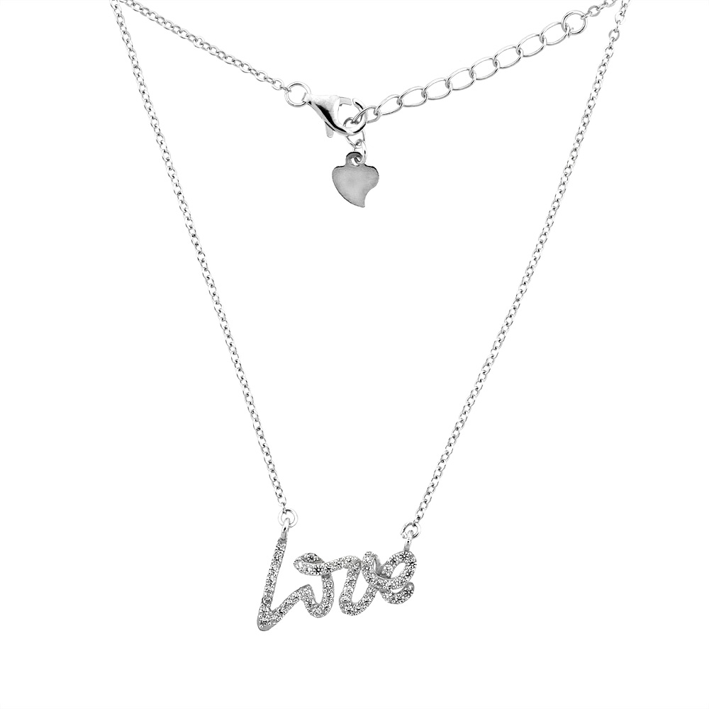 Sterling Silver Micro Pave Cubic Zirconia Freestyle &#039;LOVE&#039; Necklace, 7/16 inch wide