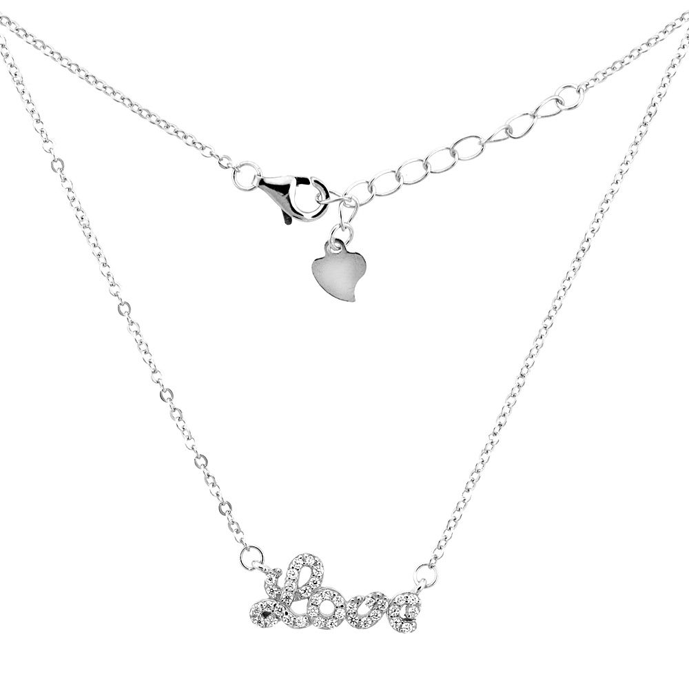 Sterling Silver Micro Pave Cubic Zirconia Script &#039;LOVE&#039; Necklace, 5/16 inch wide