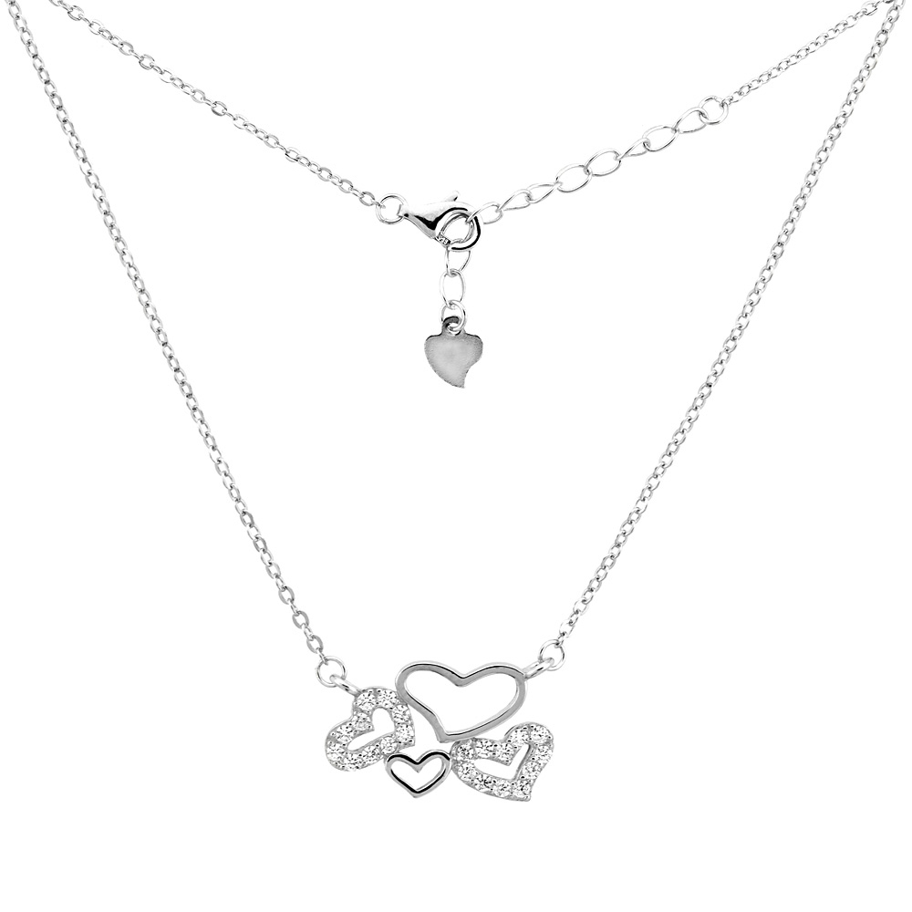 Sterling Silver Micro Pave Cubic Zirconia HEARTS Necklace, 7/16 inch wide