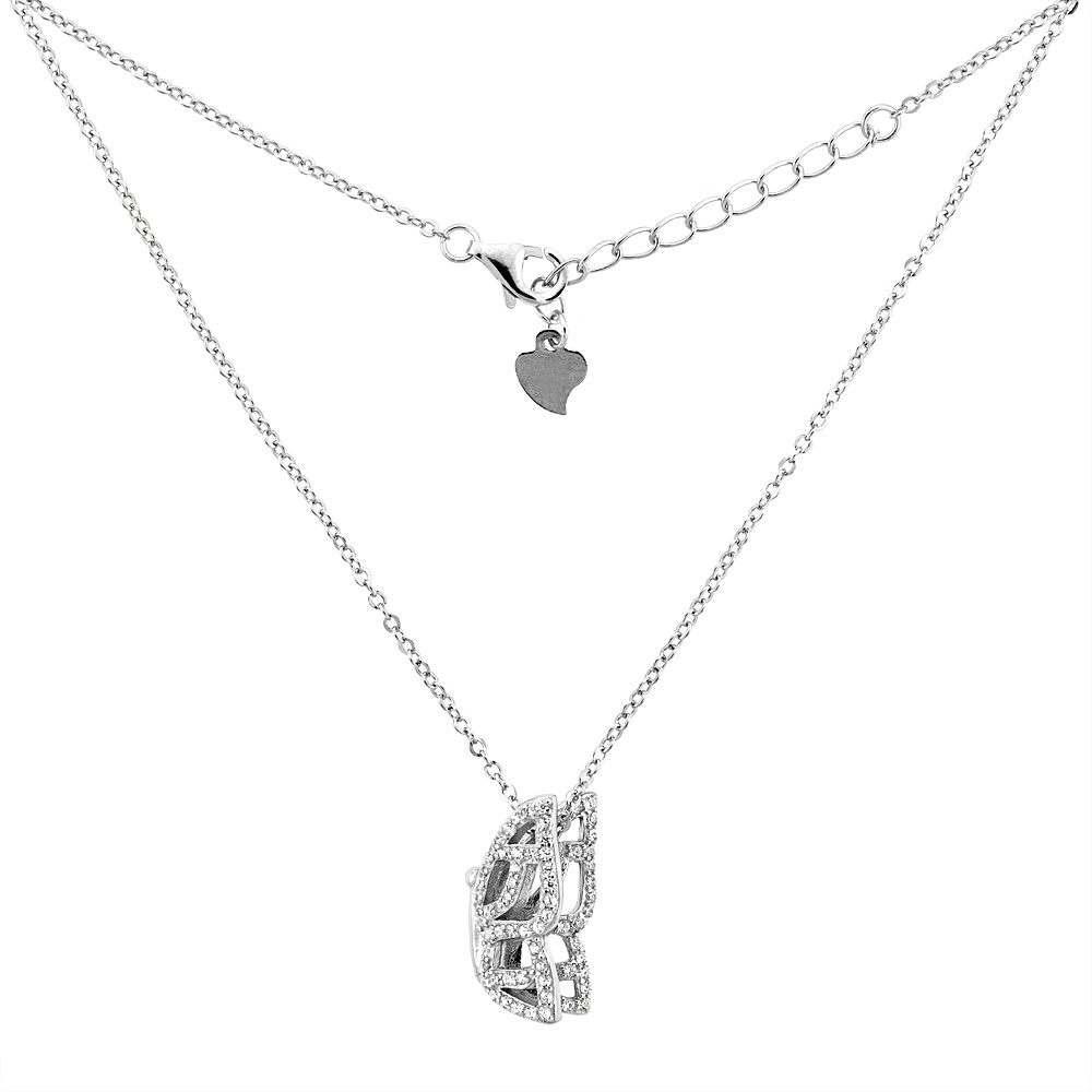 Sterling Silver Micro Pave Cubic Zirconia BUTTERFLY Necklace, 11/16 inch wide
